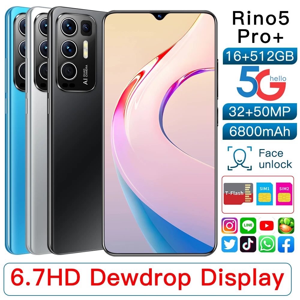 

OPP Rino5 Pro 6.7 Inch 16GB 512GB 10 Core 6800mAh 32MP 50MP Smartphone 5G Face Unlock Cellphone Snapdragon 888 Mobile Smartphone