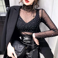 stylish diamond mesh lace t shirt feminine long sleeve summer tops for women 2021 sexy slim woman tshirts