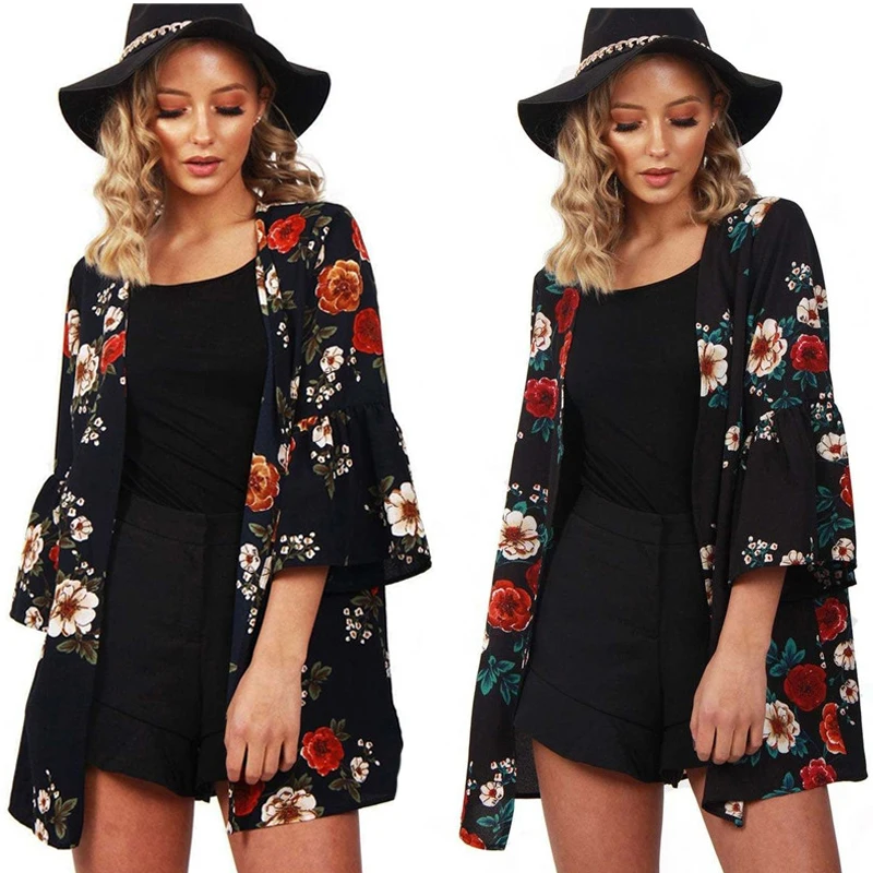 Sexy Women Floral Chiffon Loose Blouse 2020 Long Cardigan Boho Coat Summer Beach Cover Up top Casual Ladies Tops | Женская одежда