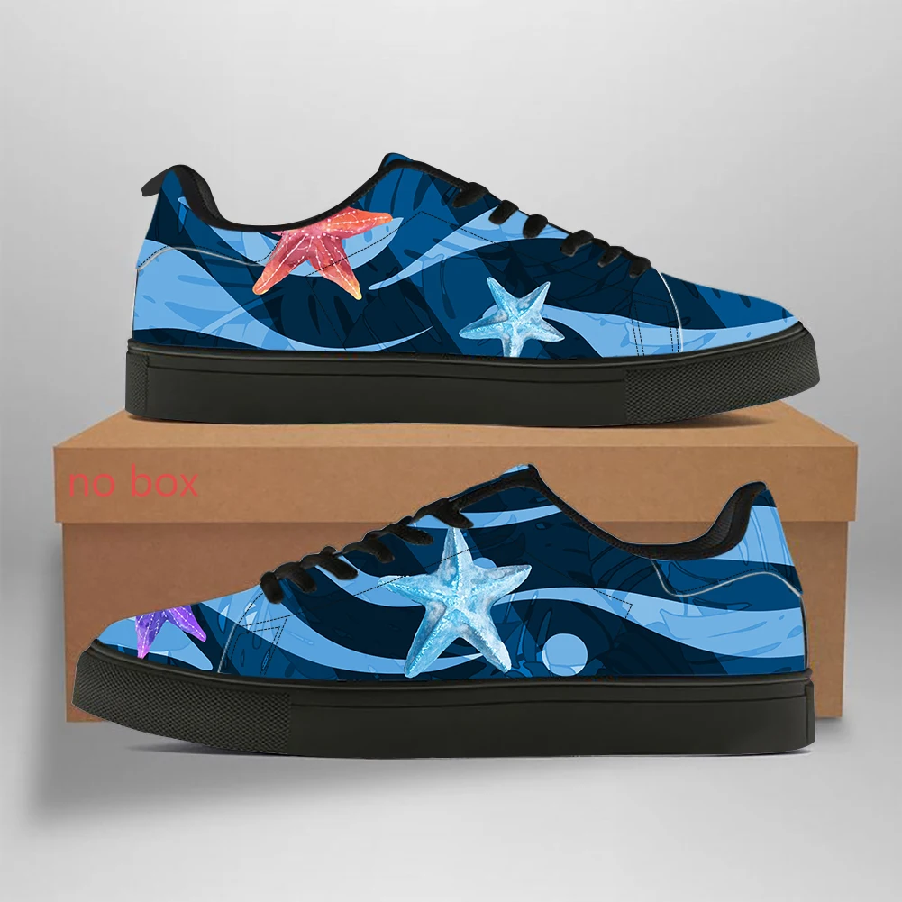 Noisydesigns Spring Men's Leather Sneakers Skateboard Breathable Starfish Wave Pattern Black White Bottom Sport Shoes