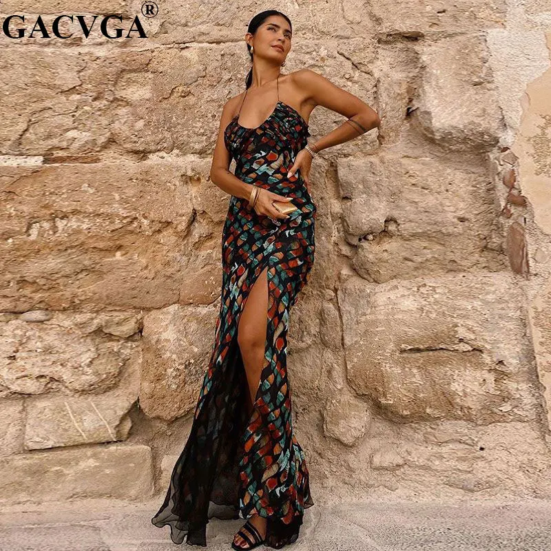 

GACVGA Long Sexy Chiffon Print Dress For Women Spaghetti Strap Beachwear Casual Women Maxi Skinny Streetwear Ladies Dresses
