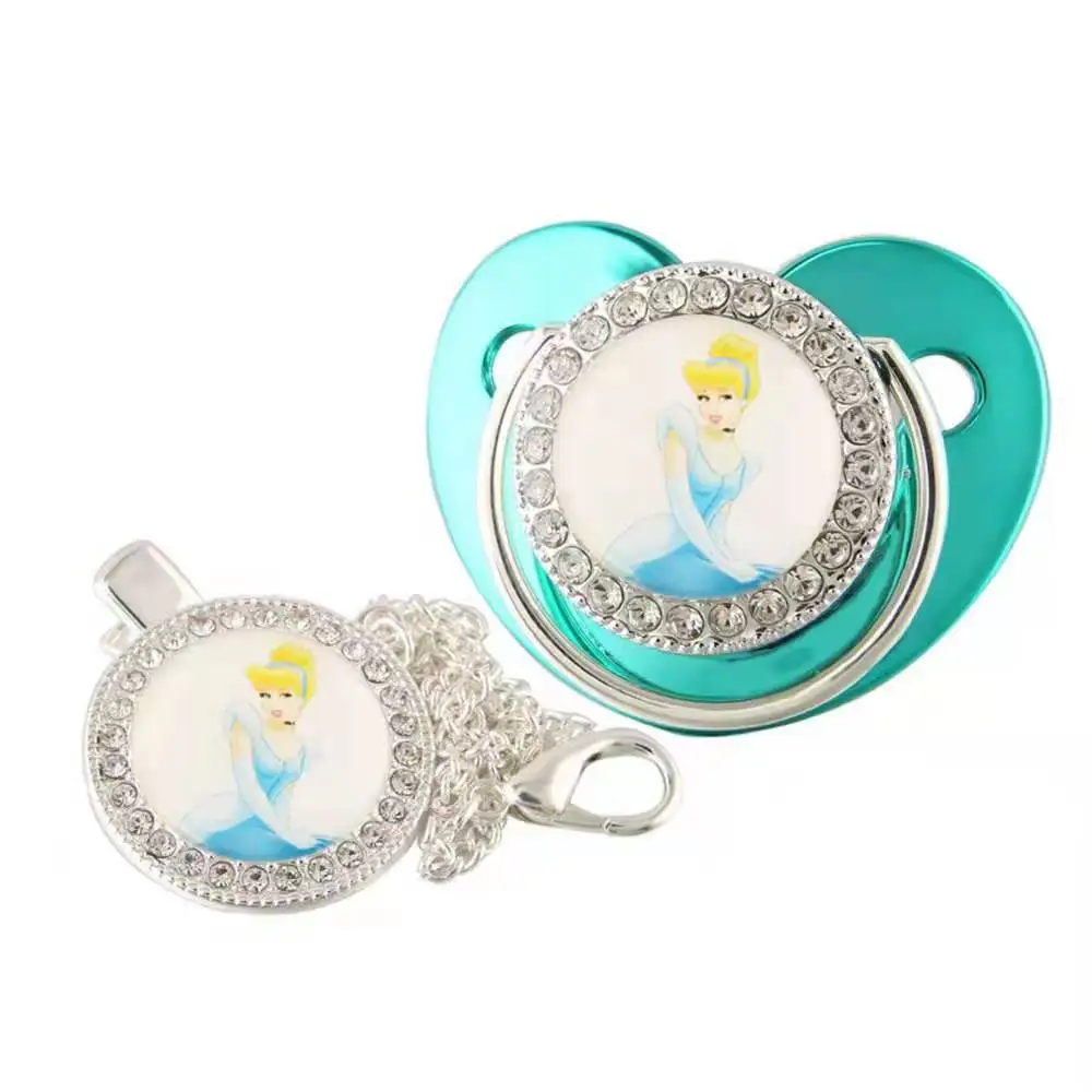 

[New Color] Hot-selling Princess Series Teal Green Point Drill Baby Playing Mouth Silicone Baby Soothing Mouth With Chain Clip