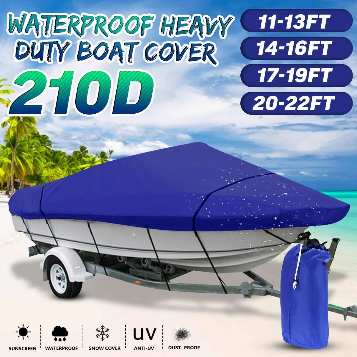 Blue Heavy Duty Boat Cover 210D 11-13ft/14-16ft/17-19ft/20-22ft For V-Hull Speedboat Ski Sport Waterproof Dustproof Boat Access
