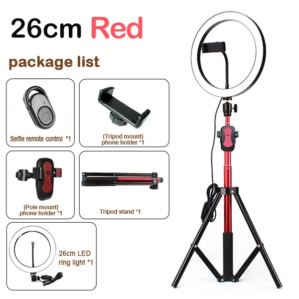 26cm red Светодиодный светильник-кольцо, 10 дюймов, 5600 K, светильник, лампа с регулируемой яркостью, для студийной фотосъемки, телефона, видео, с 150 см штативом, селфи-палка и usb-разъем для Canon - Цвет: 26cm red