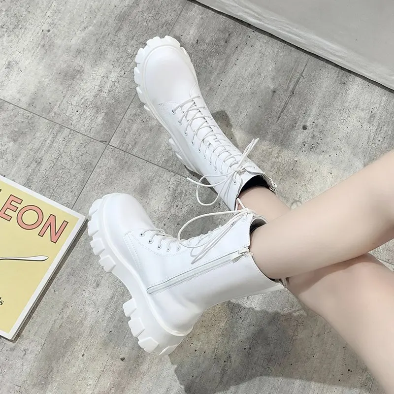 

2020 Women's Lace Up Mid Heels Woman Metal Buckle Female Footwear Ladies Shoes Plus Size Women Platform Motorcycle Ankle Boots