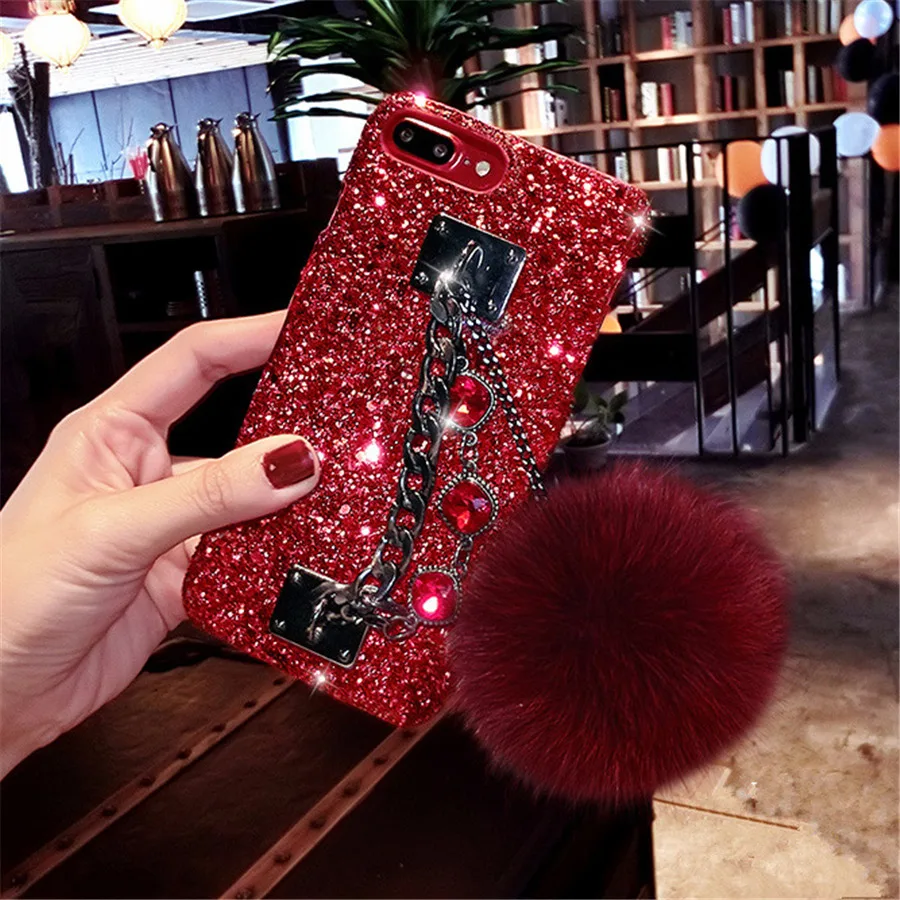 

Wrist Chain Tassel Fur Ball Case for Xiaomi Redmi 5 6 4 4X 5A 6A 7 S2 5 Plus Cover for Redmi Note 9 Pro 8 8A Diamond Coque
