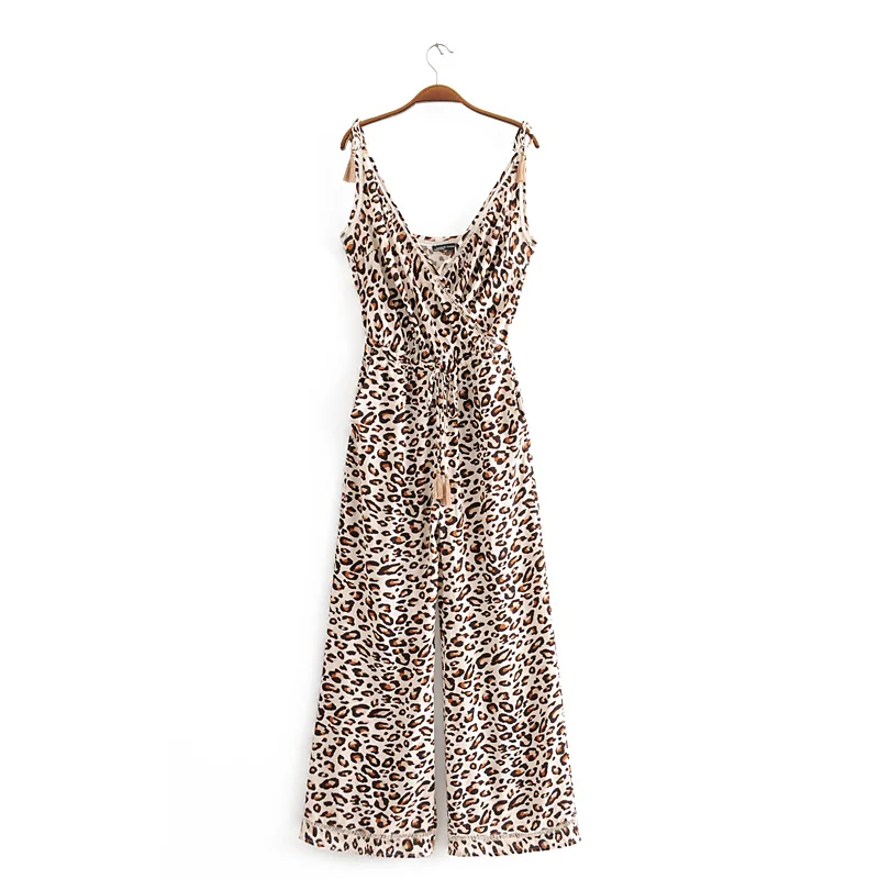 

Foridol leopard print jumpsuit sexy v neck backless long rompers wide leg tassel hollow out jumpsuits 2020 summer overalls