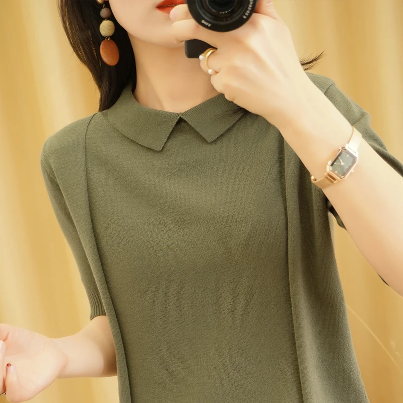 

New Lapel Short-sleeved Woman 100%Pure Cotton Knitted T-shirt Solid Color Casual Loose All-match Wear Bottoming Pullover Short