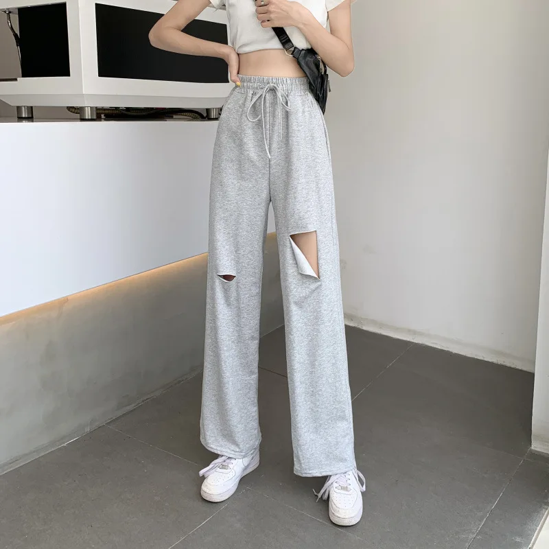 

Ripped Baggy Wide Leg Pants Women Casual Loose Hole High Waisted Sweat pants SummerHip Hop Jogger Pockets Sweatpants Ladies'