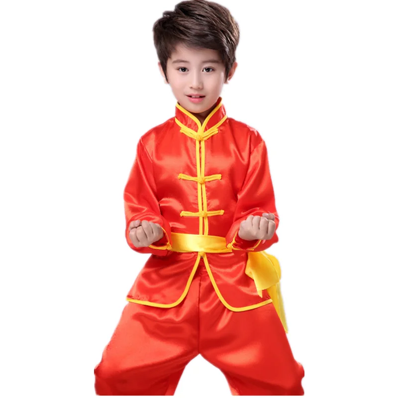 Red Long Set 100-180 см, детский костюм для ушу, Китайская традиционная короткая и полная форма Tai Chi, детские шелковые костюмы для кунг-фу, костюм для выступлений в стиле Тан - Цвет: Red Long Set