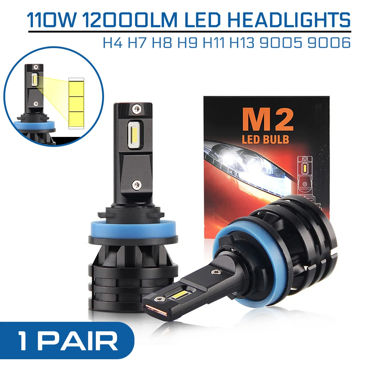 

1Pair Car Light Bulbs Automobiles Auto Lamp H4 H7 H13 Led Canbus H8 H9 H11 HB3 9005 HB4 9006 Led Headlights Mini 110W 12000LM