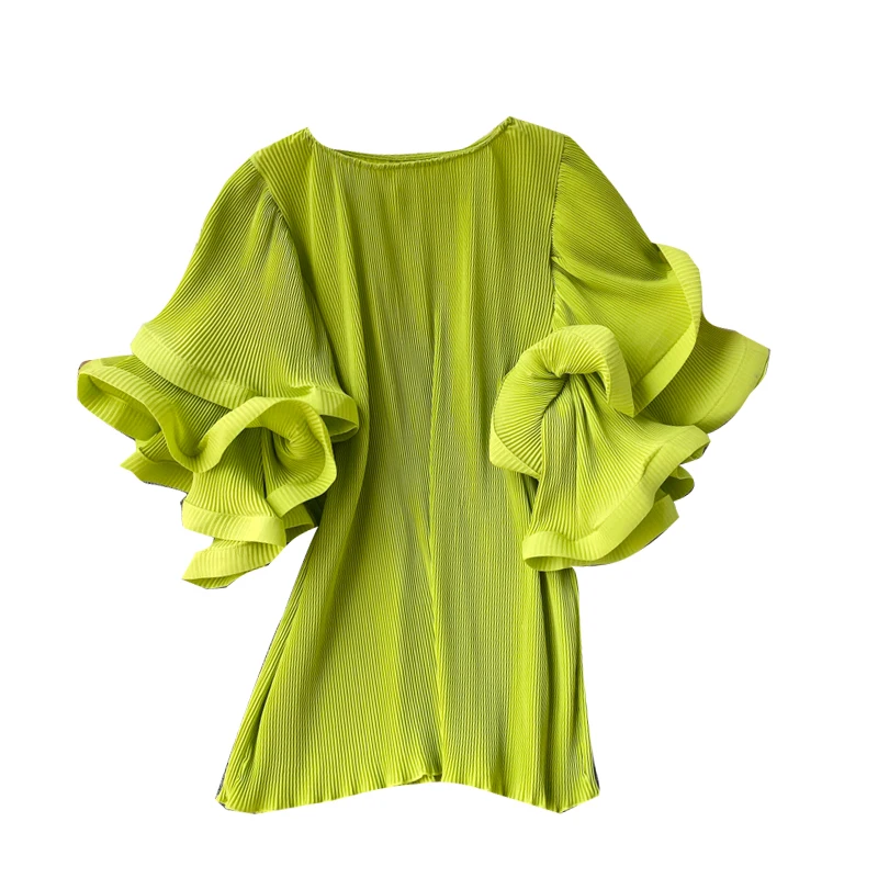 

sense three dimensional trumpet sleeve loose foreign style Pleated Chiffon shirt women's summer solid color Pullover