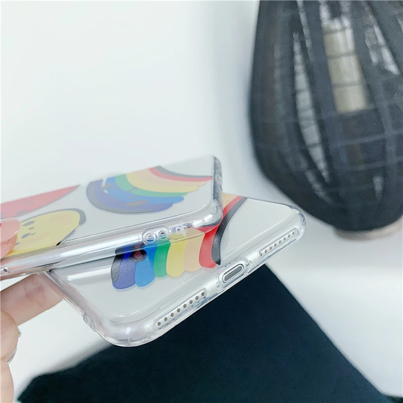 Cartoon Rainbow Smiley Apple Transparent Phone Case for iPhone 6 6s 7 8 plus X XR XS MAX Drop-proof Deluxe |