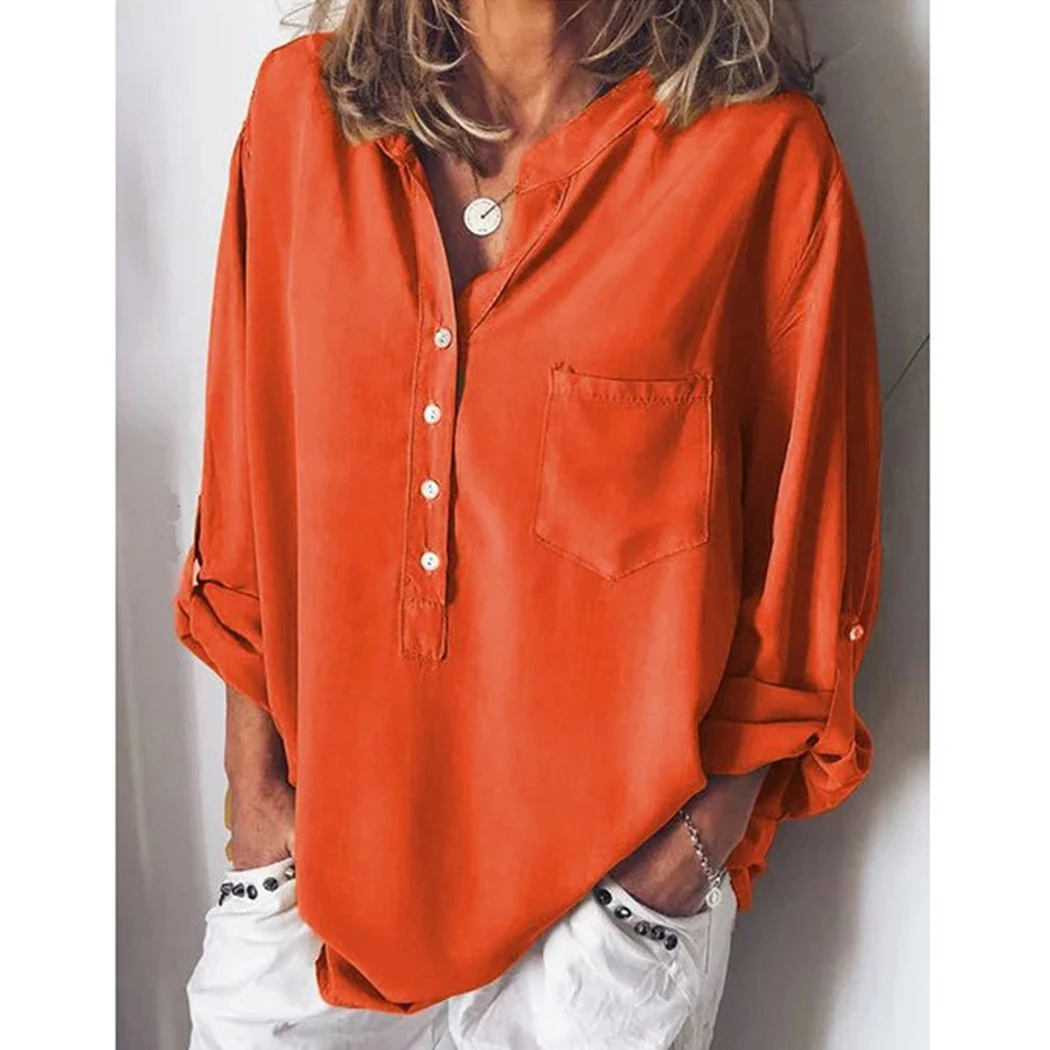 Женские однотонные Большие размеры мешковатые блузки с длинным рукавом v