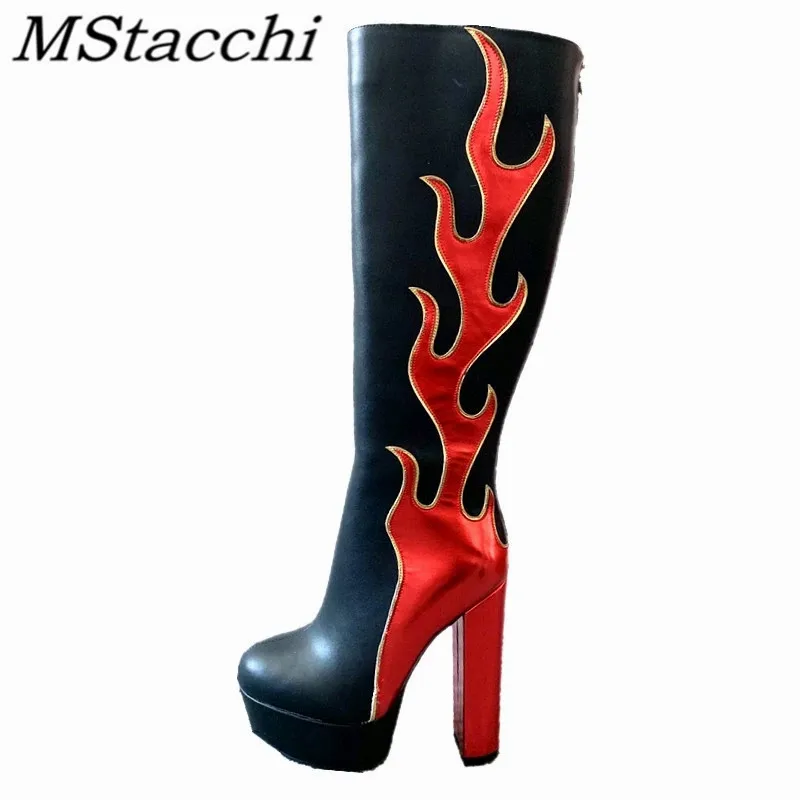 

MStacchi Women Knee-length Boots Leather Flame Mixed Colors Zipper-Sid Super High Heel Femme Shoes Crude Heel Sexy Botas Mujer