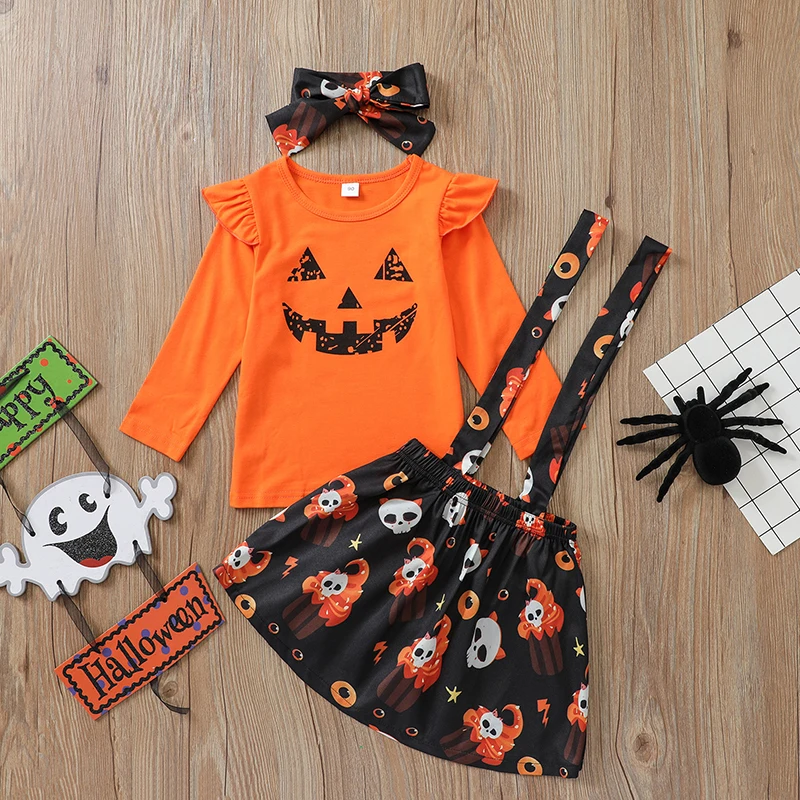 

3pcs/set Halloween Costumes Skull Pumpkin Printing Baby Clothing Sets Strap Dress Bow Long-sleeved Shirt Clothes Gifts For 2-5 Y