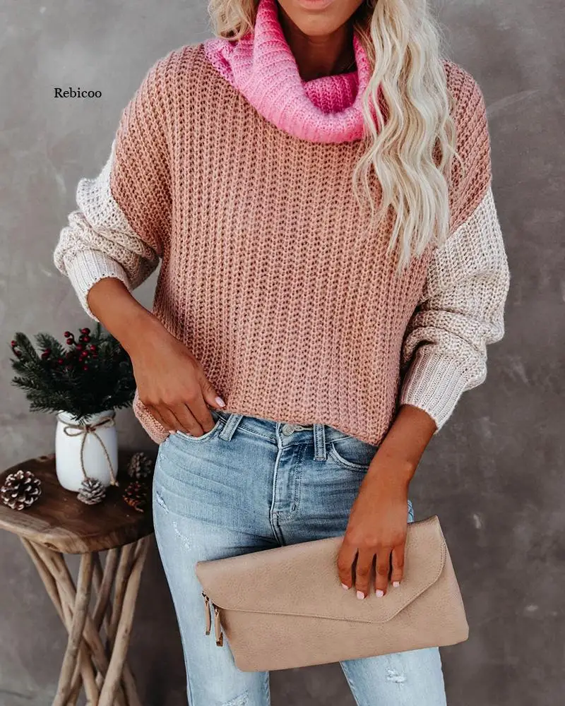 Женский вязаный свитер-водолазка в стиле пэчворк пуловер бохо Модный облегающий