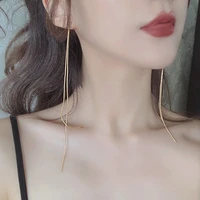 gsold minimalist golden metal snake chain earrings long tassel dangle earring temperament women ear stud ear clips two style