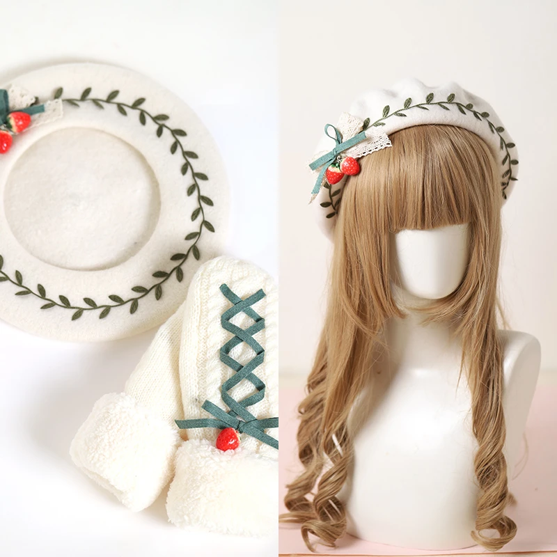 Lolita Autumn and Winter Beret Hat Sweet Lovely Strawberry Green Leaf Seriesc Head Accessories Gloves Ear-Cap H | Тематическая