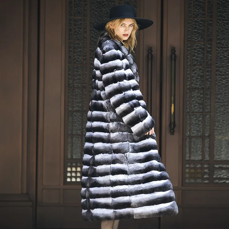 FURSARCAR 2021 New 120cm X-Long Natural Rex Rabbit Fur Jacket With Collar Winter Women Chinchilla Coat Fur Fashion Outwear