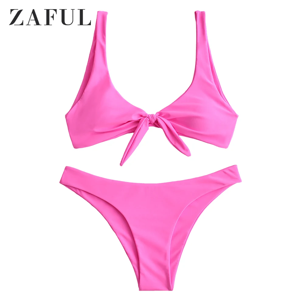 Женский завязанное спереди на узел бикини ZAFUL купальник с глубоким вырезом и