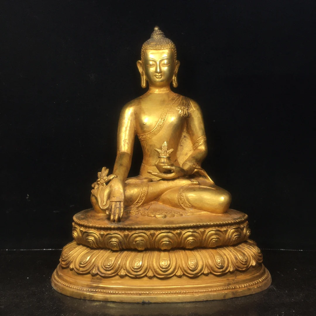 

11"Chinese temple collection Old Bronze Gilt Medicine Buddha Shakyamuni Buddha Sitting Buddha Amitabha Enshrine the Buddha