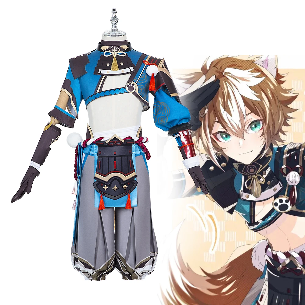 

Костюм для косплея Genshin Impact Gorou, мужской костюм для мальчика «Синяя лисица», костюм со штанами и ушками хвоста, полный комплект, костюмы для Х...