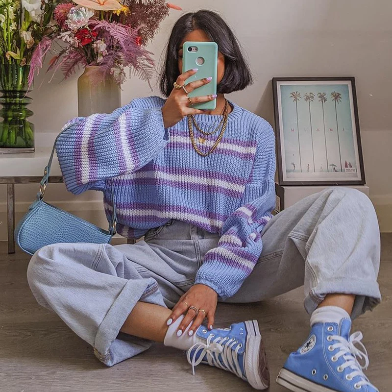 

England Style Striped Y2K Knitted Sweaters Women 2020 Blue 90s Knitwear O-Neck Long Sleeve Autumn Winter Warm Pullover Jumpers