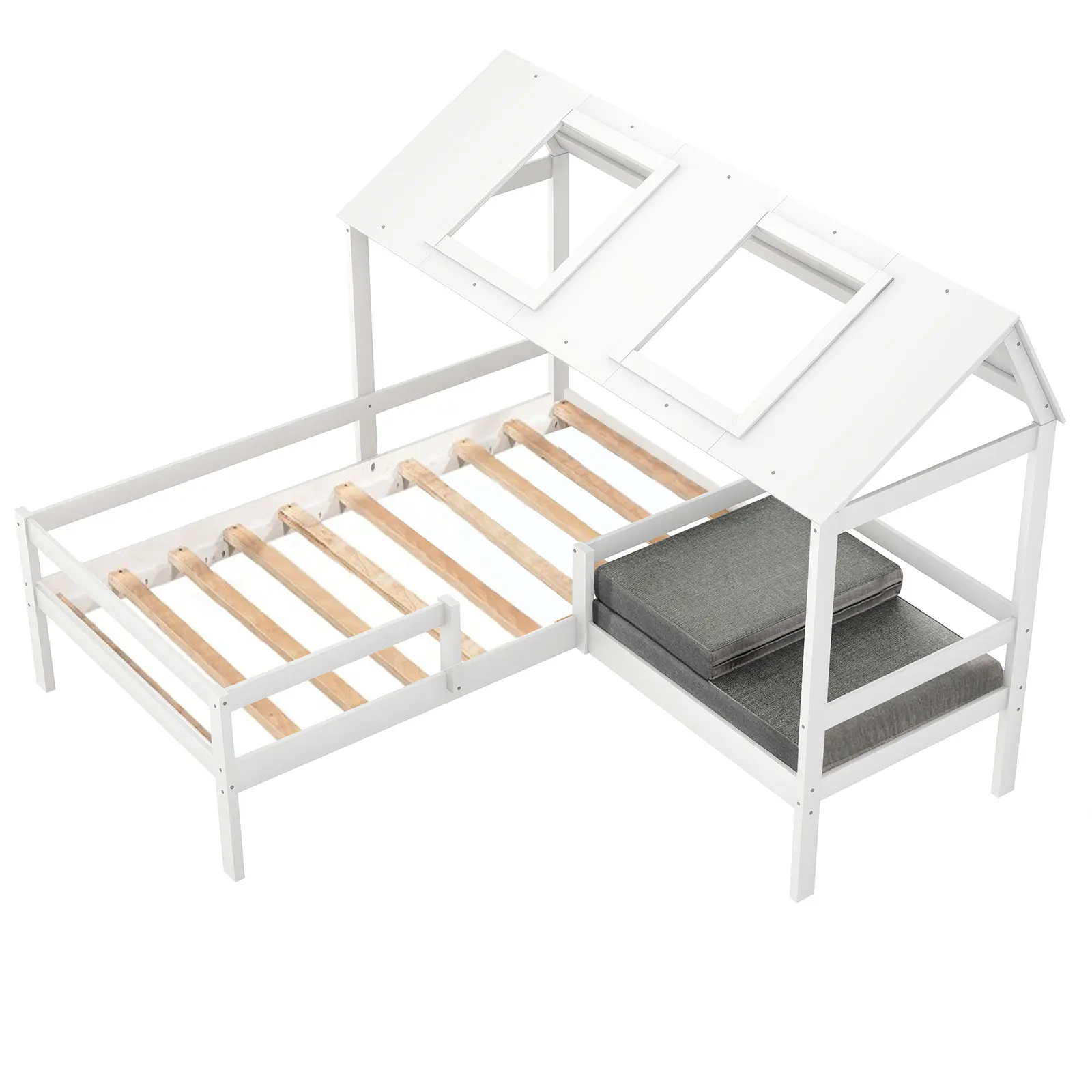 

Twin Size House Bed House-Shaped Bed with Relax Seat Cushions for Kids (White)