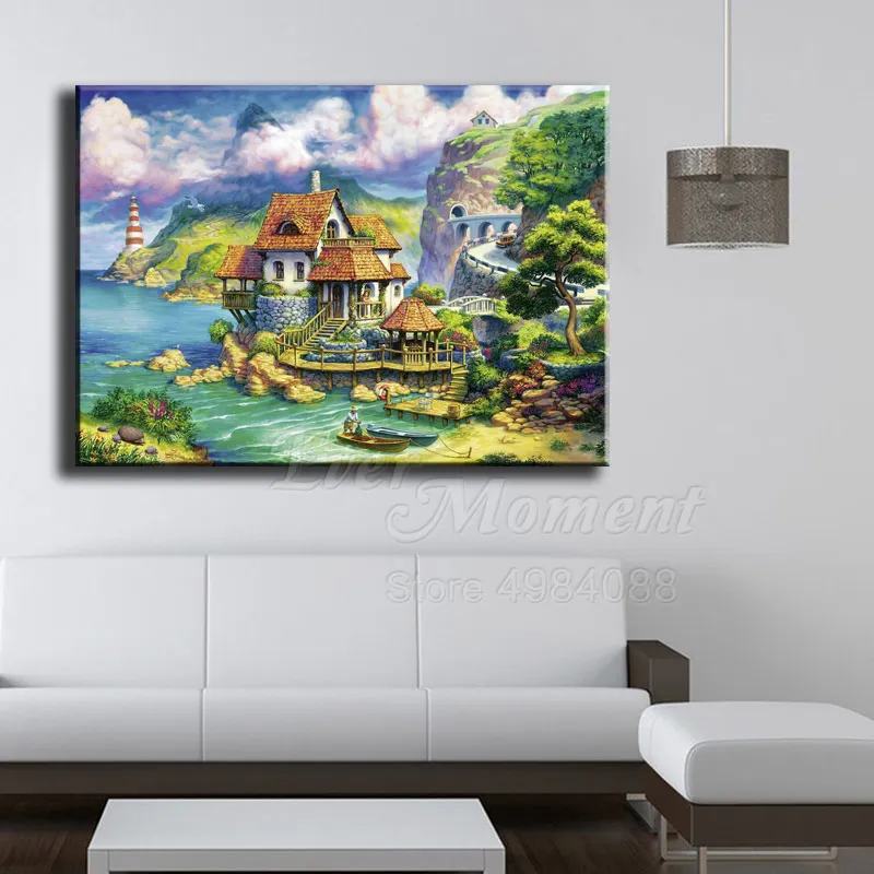 Алмазная картина с изображением домов и пейзажа Стразы модель f3f2095 | Дом сад