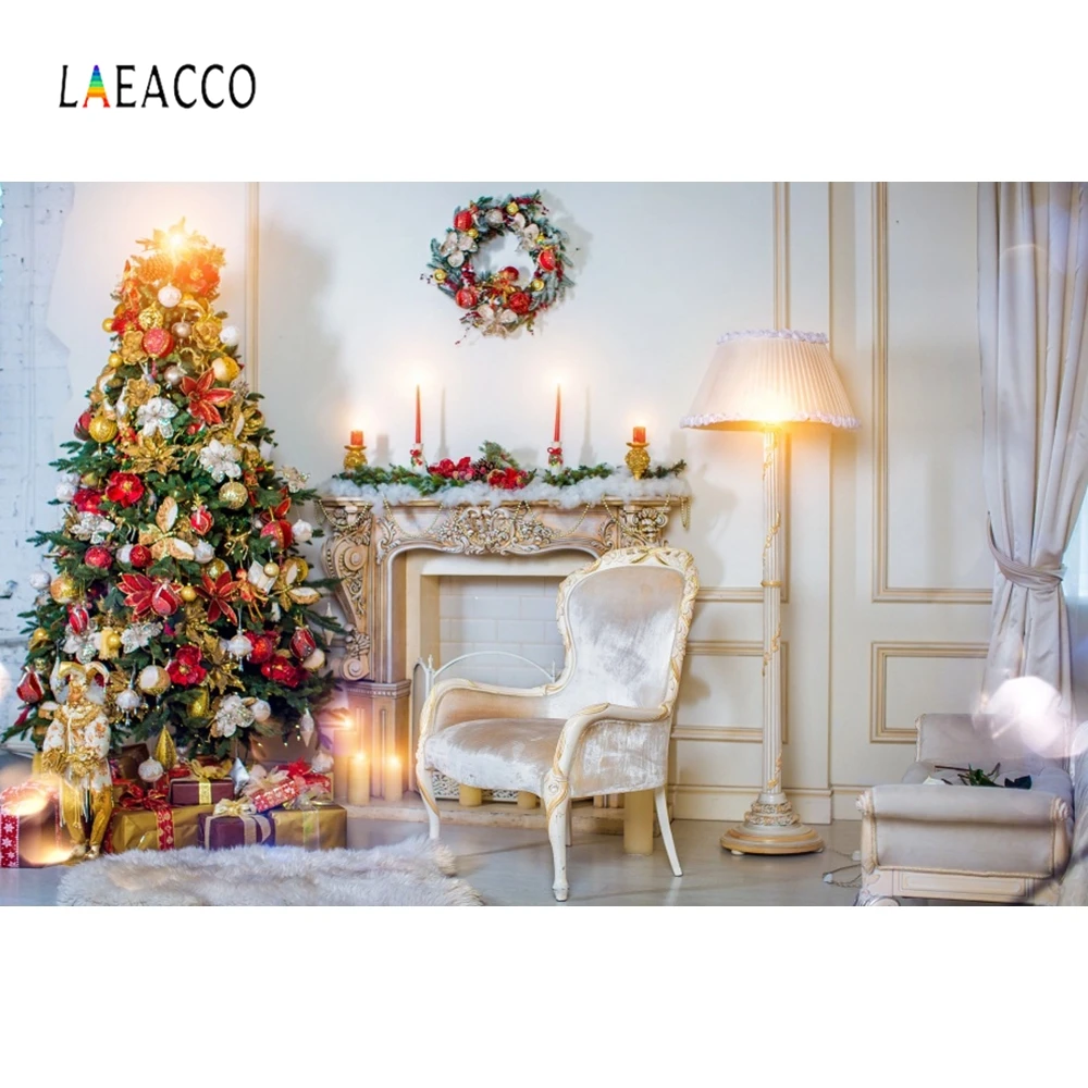 Laeacco фон для рождественских фотографий с изображением комнаты часы деревом камин