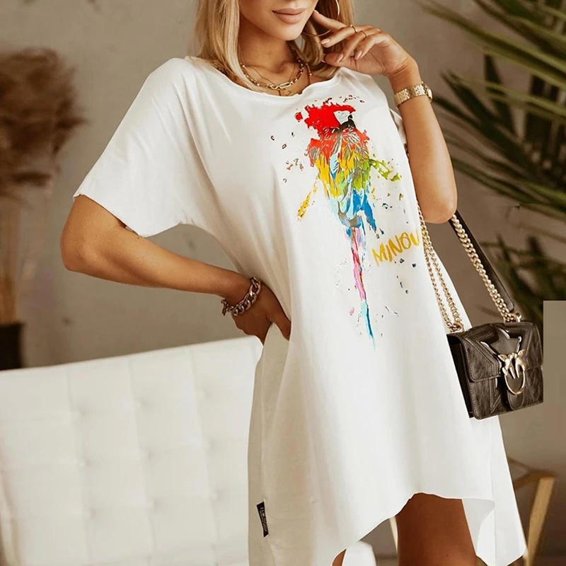 

Sexy Pattern Printed Retro Irregular Dress Women Elegant O Neck Loose Office Dresses Spring Summer Short Sleeve Mini Party Dress