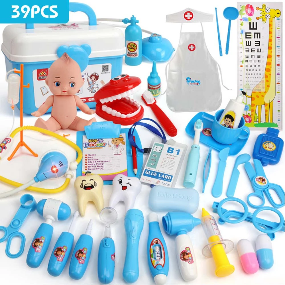 39PCS Blue 21-39 шт., детские игрушки для ролевых игр, набор для доктора, медицинский набор для моделирования с портативным чемоданом, игрушки для ролевых игр для девочек, инструмент для зубного врача - Цвет: 39PCS Blue