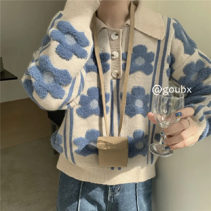 

Flower Contrast Color Polo Collar Pullover Knitted Sweater Female 2021 New Autumn Japanese Retro Anti-aging Jacket.