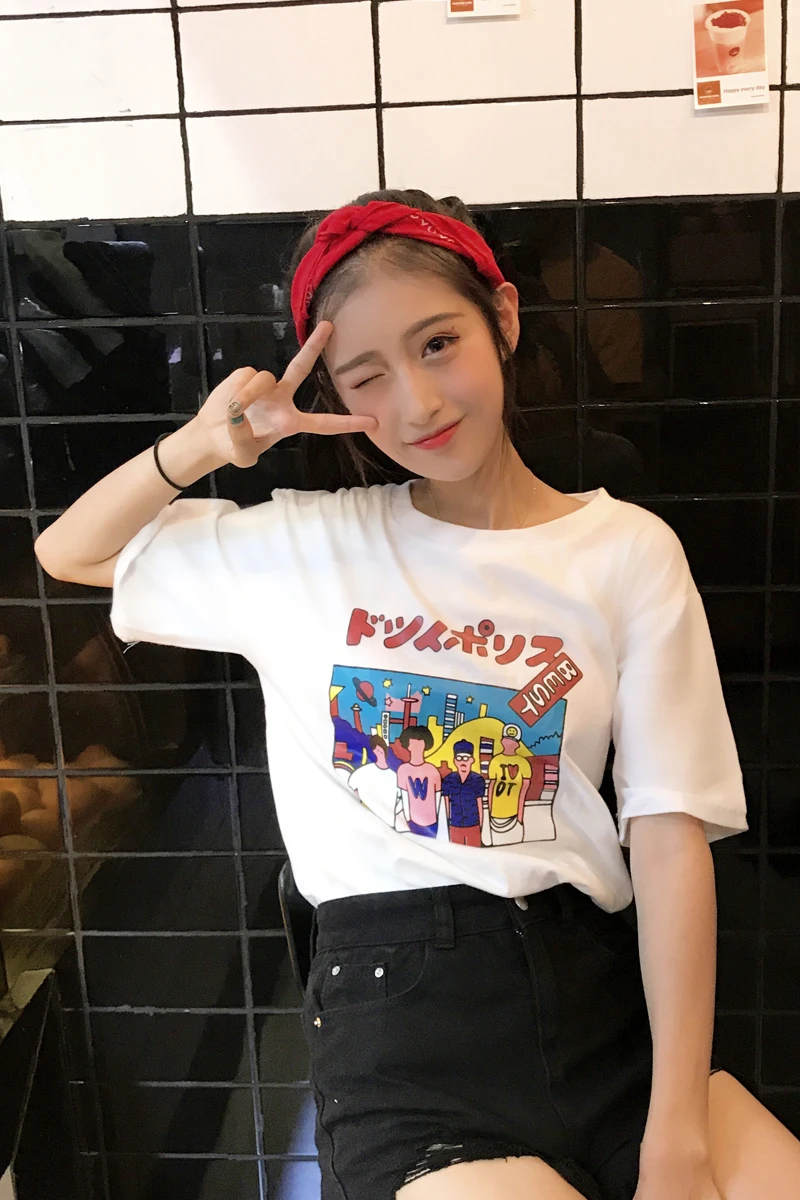 

2017 New Fashion Cute Cartoon Printed Loose Letter Simple Loose All Match Short Sleeve Female T-shirts