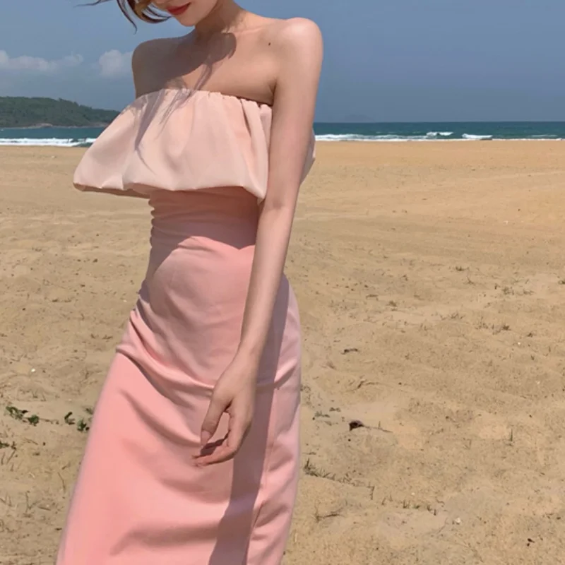 

Summer Mid-length Skirt Temperament Female Tube Top Dress A-line Long Thin One-shoulder Ruffle Skirt Cottagecore Women Clothes