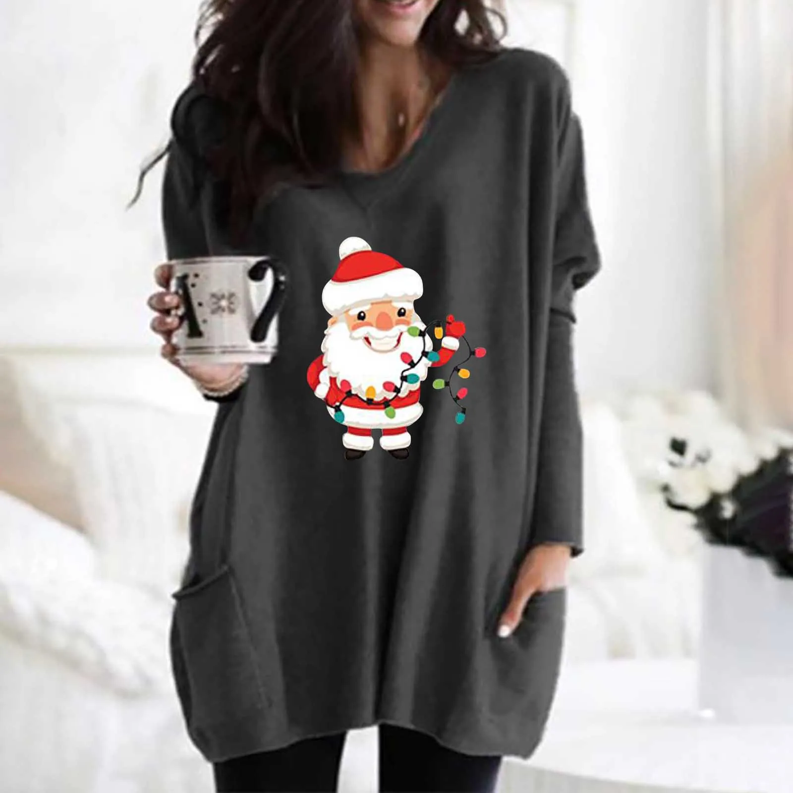

new winter clothes women Sweatshirts Christmas Deer V-neck Tie-dye Pockets Long Sleeves Gradient Tops sudaderas
