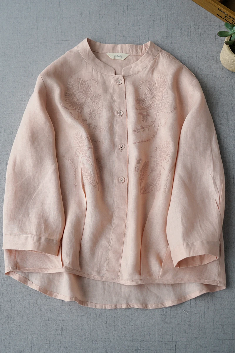

Spring Summer New Women All-match Loose Embroidery Comfortable Water Washed Thin Light Ramie Shirts/Blouses