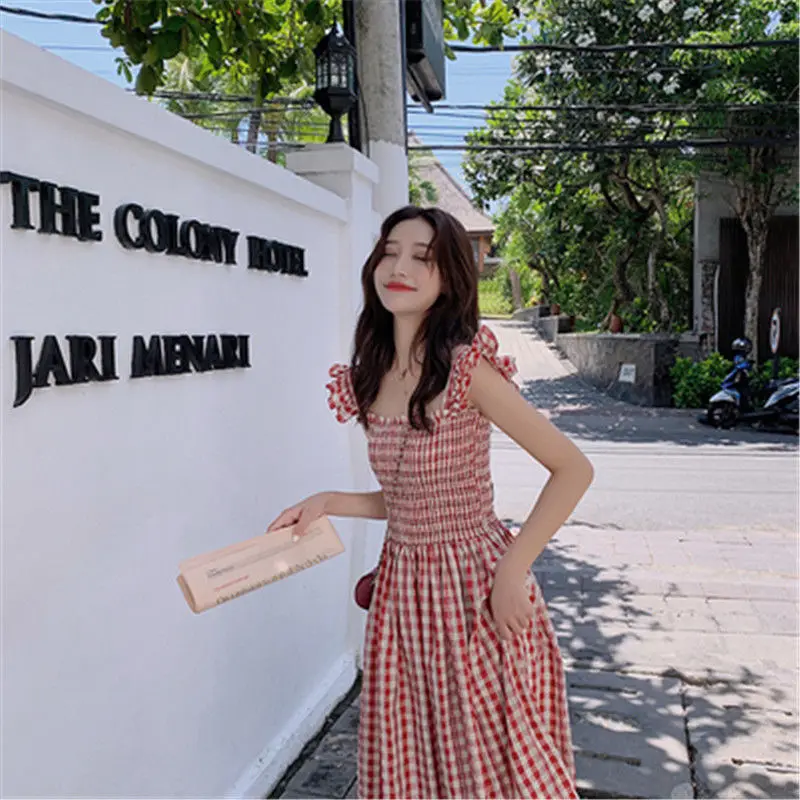 

2021 Slim Sexy Plaid Print Dresses Ruffles Summer Midi Spaghetti Strap Dress Women Casual Beach Holiday Party Vestidos Y614