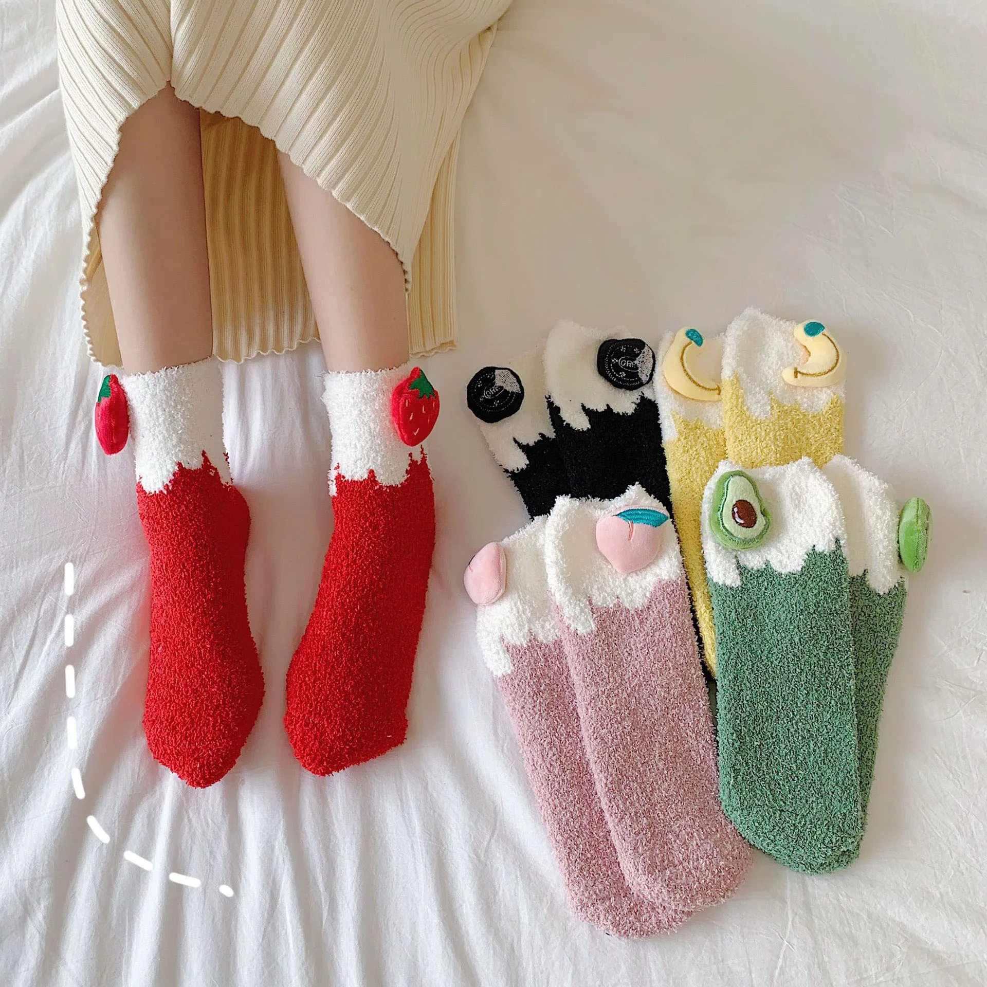 

3D Strawberry Fruit Ice Cream Coral Fleece Autumn Winter Warm Female Home Floor Sleep Socks for Women