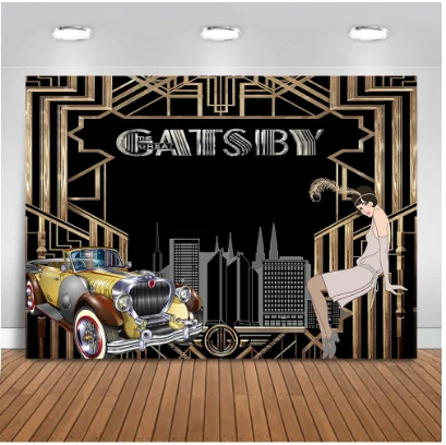 

7x5FT Vintage Retro Black Gold Great Gatsby Car City Skyline Beauty Custom Photo Studio Backdrop Background Vinyl 220cm X 150cm