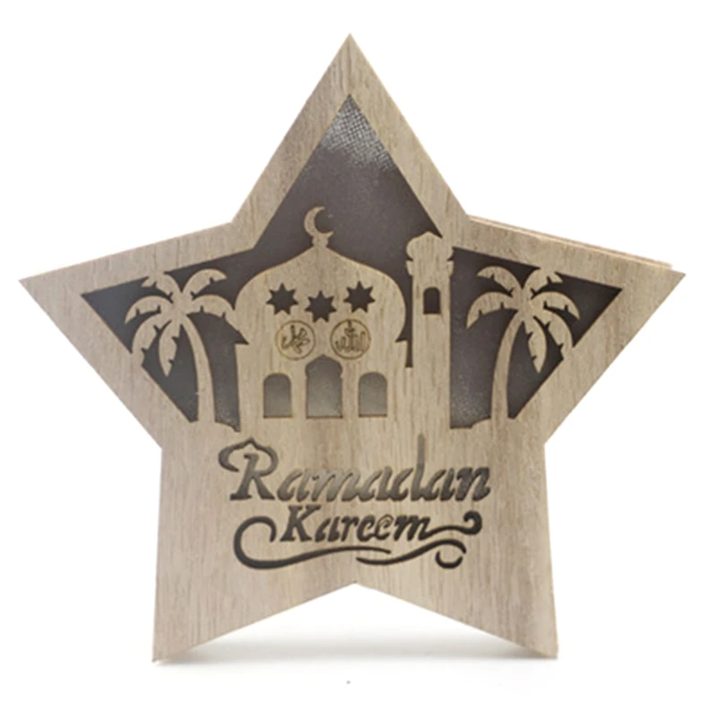 

Ramadan Eid Mubarak Wooden Five-pointed Star Ornaments Muslim Light DIY Crafts QXNA