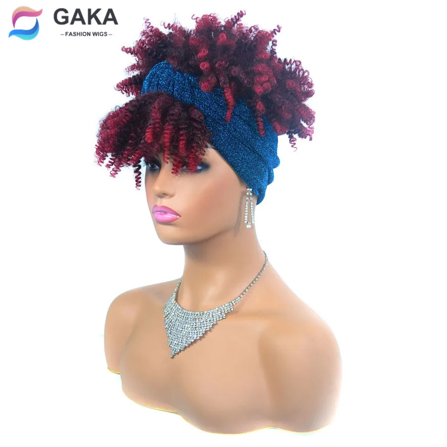 

GAKA Short Wrap Synthetic Wigs Women Curly Headband Blue Wrap Wig with Bangs 2 In 1 Easy Natural Afro Hair