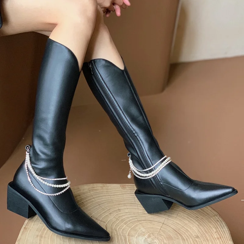 

New winter Mid-Calf boots Genuine leather Women boots Fashion boots pointed pearl warm cowhide western snow boots Women shoes
