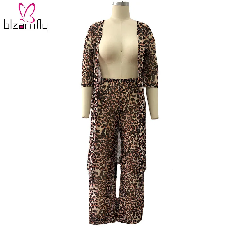 Осень 2019 женский Кардиган с длинным рукавом и леопардовым принтом широкие брюки