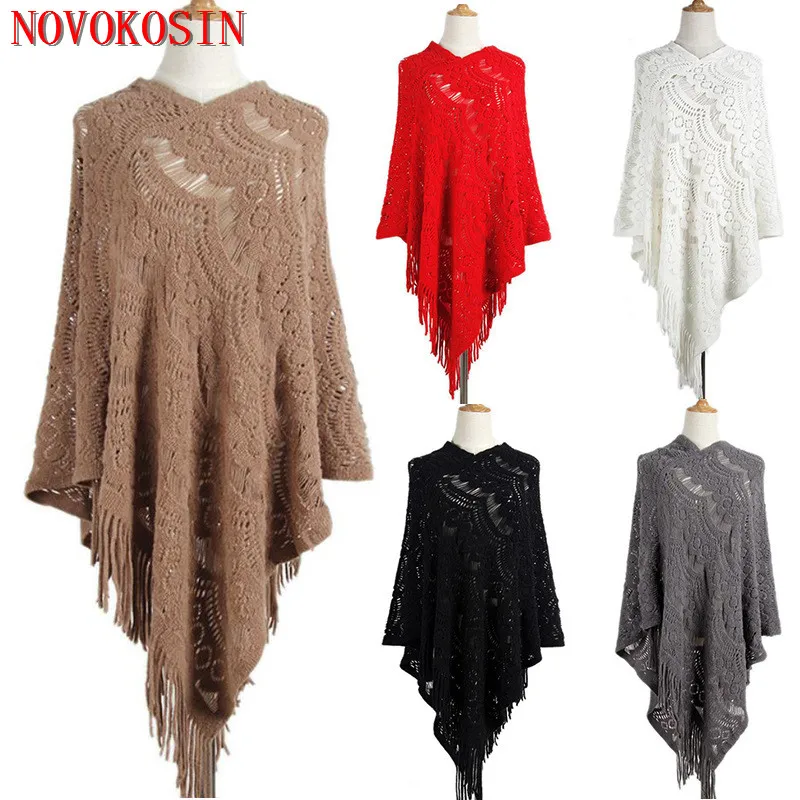 5 Colors Women Hollow Out Crochet Lace Capes Tassel Loose Poncho 2020 Autumn Knitted Bat Sleeves Long Sweater High Neck Pullover | Женская