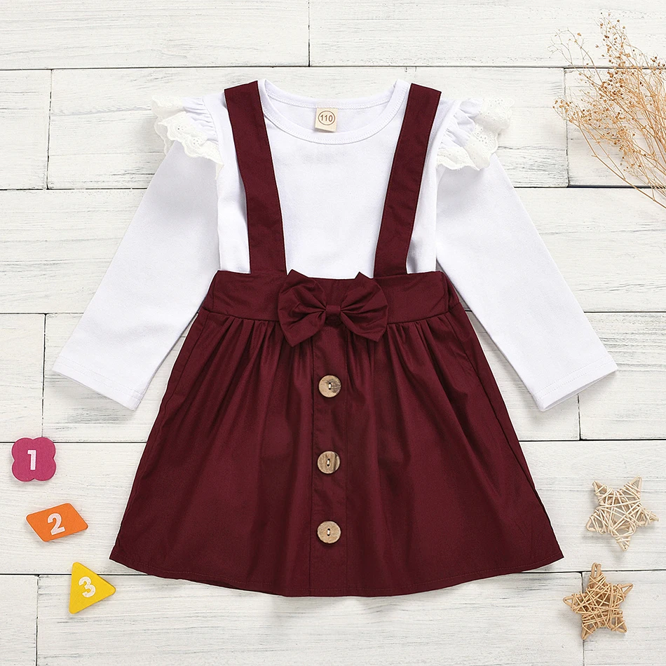 

Toddler Baby Girls Valentines Clothing Sets Long Sleeve Ruffle T-shirt +Bow Suspender Skirts Kids Outfit Costume 3 4 5 6 7 8 Y