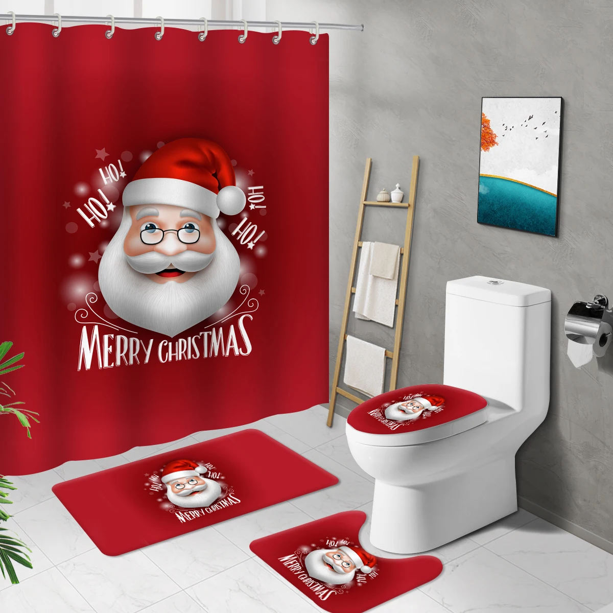 Santa Claus Printed Long Shower Curtain Bathroom Mat Set Toilet Cover Non-Slip Bath Rug Waterproof Duschvorhang Curtains Hooks