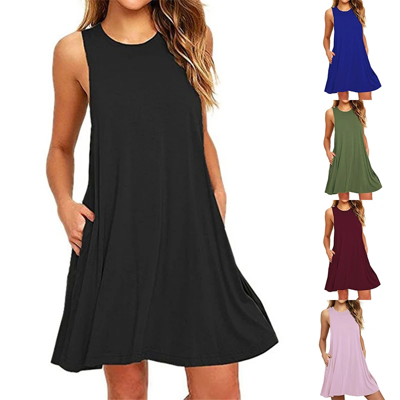 

ROPALI AWomen Sleeveless Casual Dress Women Round Neck Loose Beach Dress with Pockets