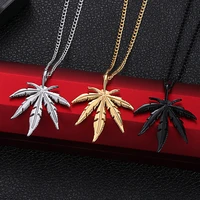 1pcs fashion maple leaf necklace titanium steel hemp leaf pendant glittery charm chain gift jewelry hip hop jewelry accessories